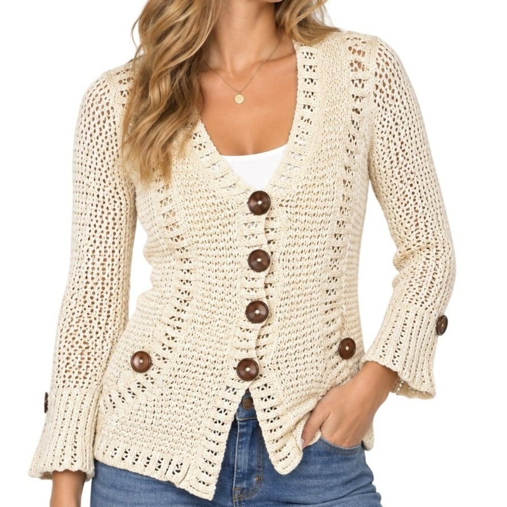 Pure Handknit Cream Cotton Open Knit Button Cardigan Women's XS